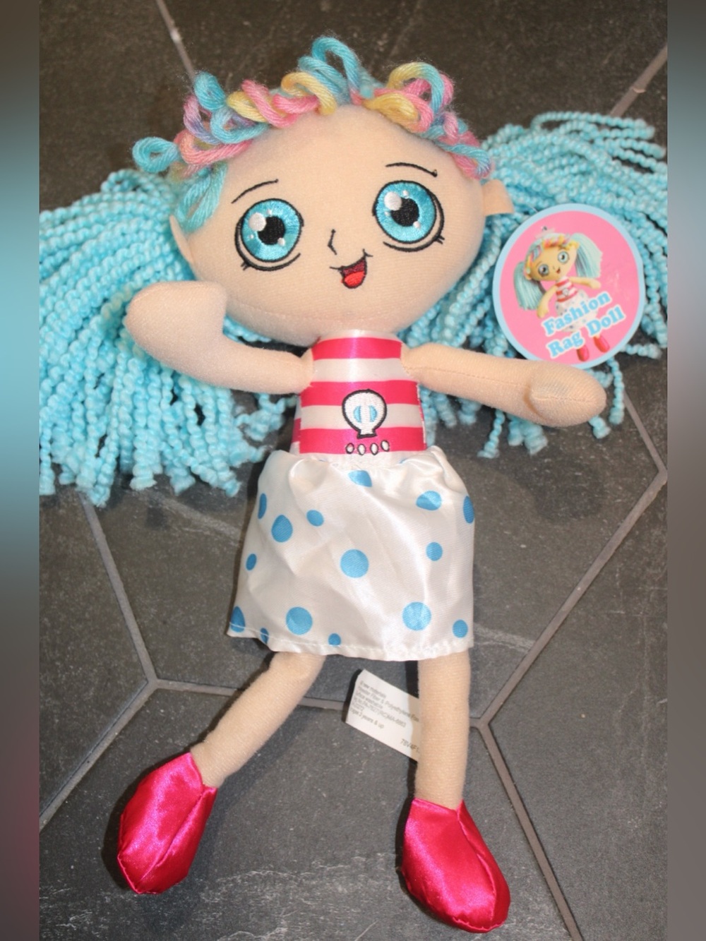 NWT Linzy Toys Fashion Rag Doll Plush Blue Yarn Hair Pink Stripes Polka Dots